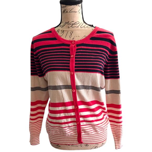 Top Knits Macy's Pink Rosy Sunset Striped Cardigan Sweater Size Large - Picture 1 of 4
